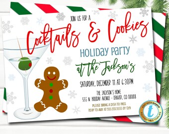 May include: A white invitation with red and green stripes at the top and bottom. The invitation is for a holiday party with the text "Cocktails & Cookies Holiday Party at the Jackson's" in red and blue text. The invitation includes the date and time of the party, the address, and a request to bring a dish to pass.