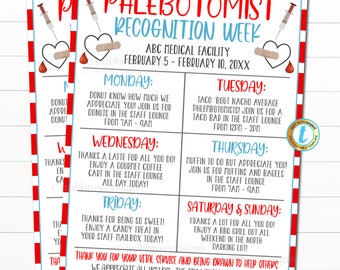 Phlebotomist Recognition Week Itinerary, Thank You Healthcare Workers Event, Medical Hospital Staff Nurse Appreciation Schedule, EDITABLE