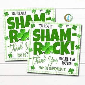 St. Patrick&#39;s Day Shamrock Gift Tags, You Sham-Rock Thank you, Employee School Teacher Staff Nurse Appreciation Gift, DIY Editable Template