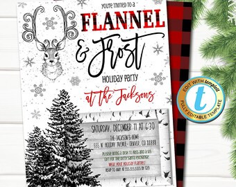 May include: A printable holiday party invitation with a red and black buffalo check background. The invitation features a black and white illustration of a deer with antlers and a snowy forest scene. The text reads "You're invited to a Flannel & Frost Holiday Party at the Jacksons" with the date and time of the party listed below.