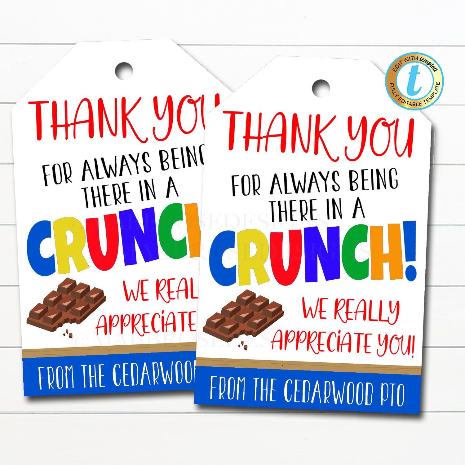 Candy Chocolate Gift Tag Thanks for Being there in a Crunch Etsy España