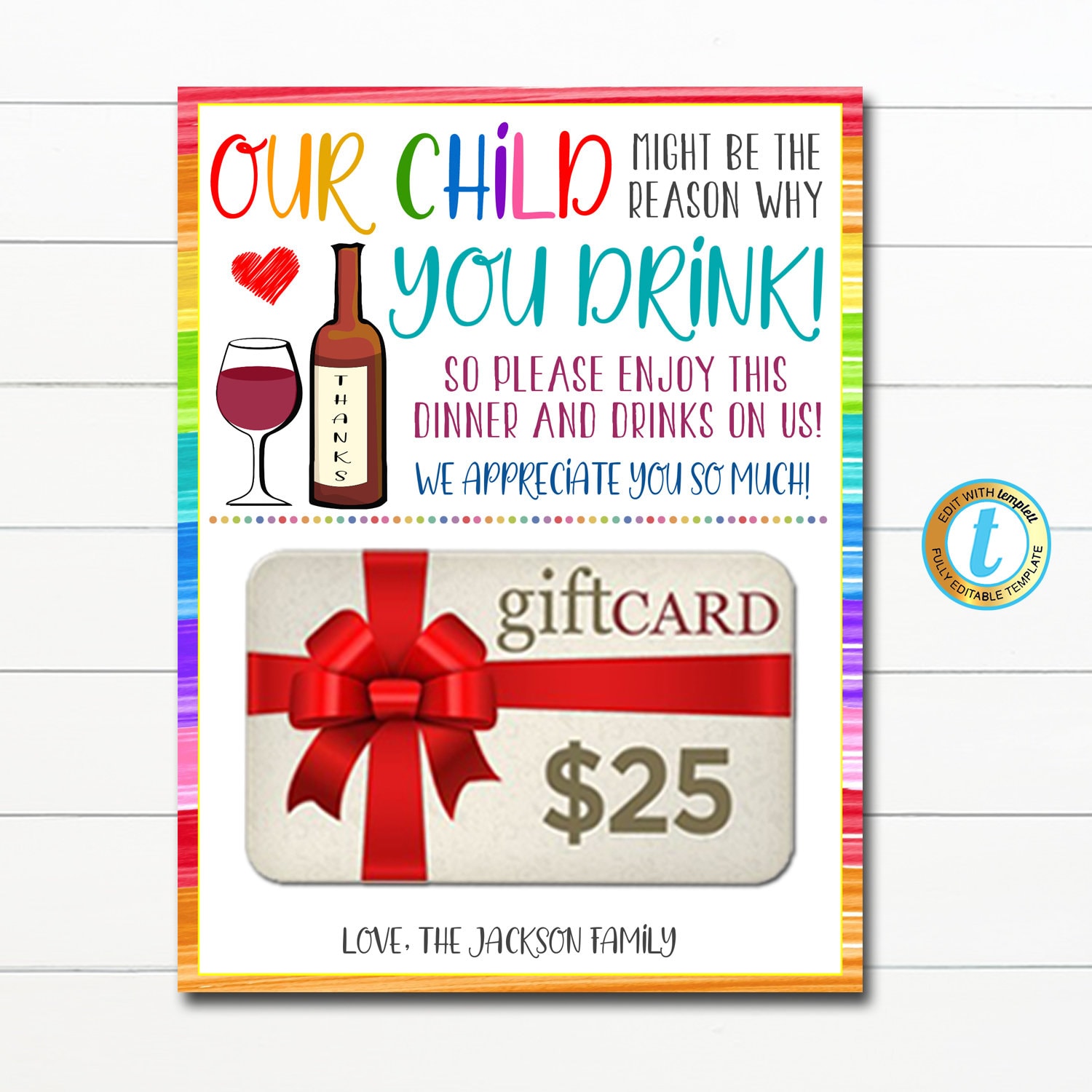 Gift Card Holder, Our Child Might Be the Reason Why You Drink, Staff Teacher Appreciation Week Gift, End of School Year, Editable Template