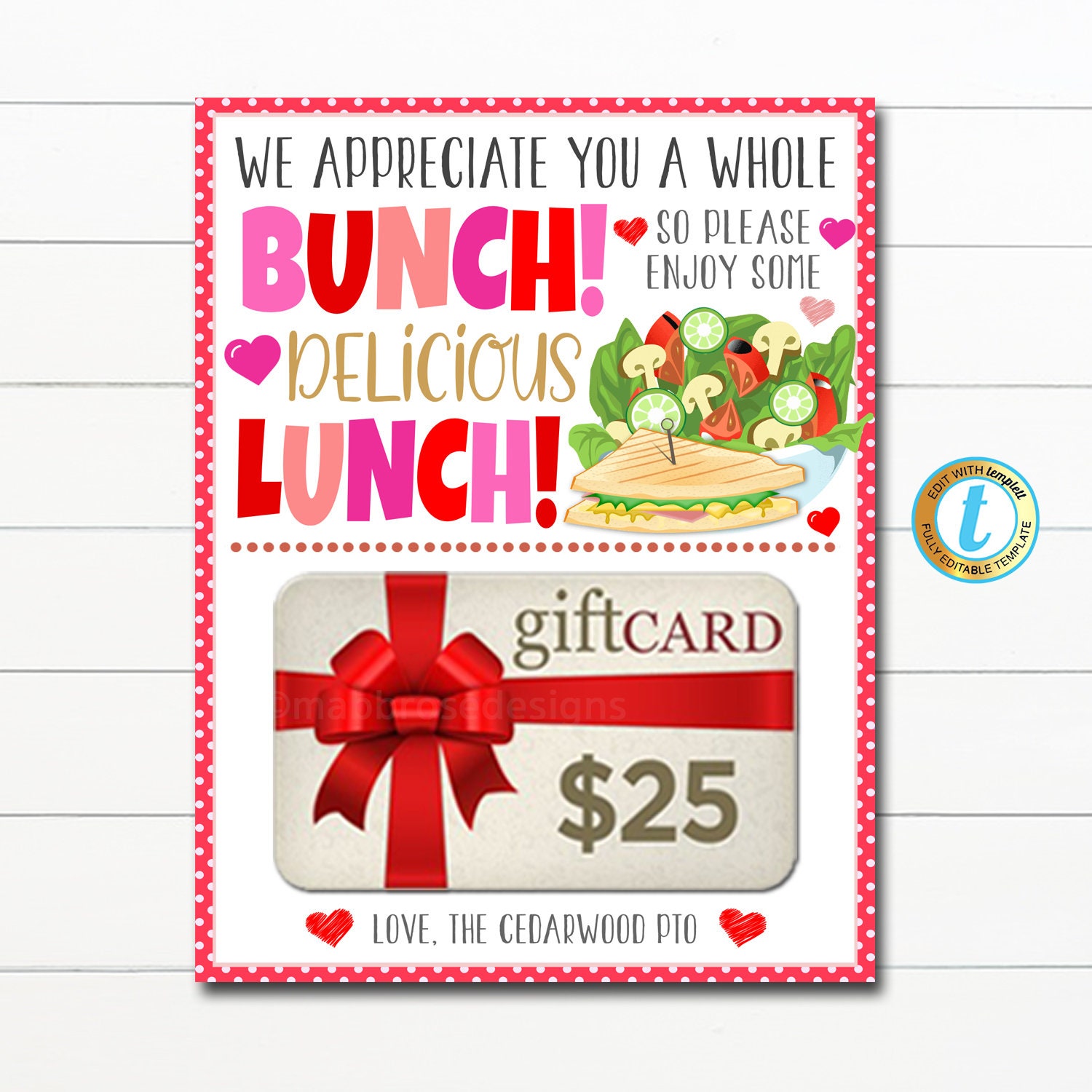 Valentine's Day lunch Gift Card Holder, Staff Employee Nurse Teacher Appreciation Thanks a Bunch So Enjoy Some Lunch, Editable Template
