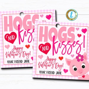 Porcs et bisous Saint-Valentin, carte de Saint-Valentin cochon, câlins et bisous, cadeau en classe, fête, professeur d'école, ami Xoxo Tag, modèle modifiable DIY