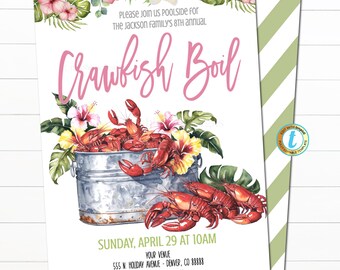 May include: An invitation for the Jackson family's 8th annual Crawfish Boil. The design features a watercolor illustration of crawfish, flowers, and tropical leaves. The text includes the date, time, and venue.