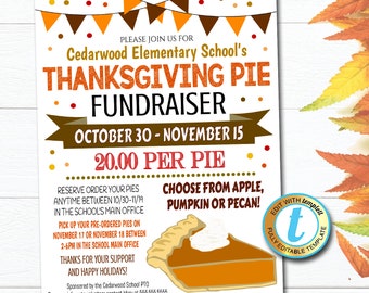 May include: A Thanksgiving pie fundraiser flyer with a brown, orange, and white color scheme. The flyer features a large image of a pumpkin pie with whipped cream. The text on the flyer reads "Cedarwood Elementary School's Thanksgiving Pie Fundraiser" and "October 30 - November 15". The flyer also includes information about how to order and pick up pies. The flyer is decorated with fall-themed graphics, such as leaves and pumpkins.