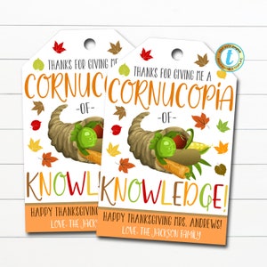 Etichette regalo per insegnanti, Grazie per avermi dato una cornucopia di conoscenza, Apprezzamento degli insegnanti, Pto scolastico, Etichetta di ringraziamento, Modello modificabile fai da te