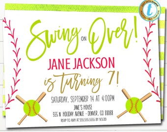 May include: A green and white baseball-themed birthday invitation for a girl turning 7. The invitation says "Swing on Over! Jane Jackson is turning 7!" with a baseball and bats graphic. The invitation includes the date, time, location, and RSVP information.