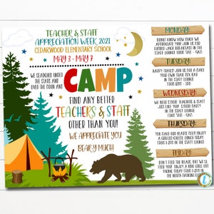 Peut inclure: Une affiche colorée sur le thème du camping pour la Semaine de l'appréciation des enseignants et du personnel. L'affiche représente un ours, une tente, un feu de camp et des étoiles. Le texte sur l'affiche dit "Camp" et "Trouver de meilleurs enseignants et du personnel que vous ! Nous vous apprécions beaucoup !" L'affiche comprend également un calendrier des événements de la semaine, notamment un petit-déjeuner aux beignets, un bar à mélange de sentiers, une fête sur le rivage, un déjeuner au fromage grillé et un pique-nique barbecue.