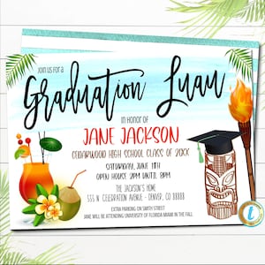 Editable Graduation Luau Celebration Invitation, Printable Graduation Party Invite, BBQ, Pool Party, It&#39;s Tiki Time, DIY Editable Template