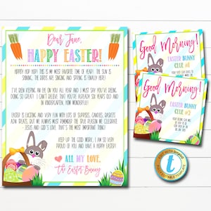 Juego de búsqueda del tesoro del conejito de Pascua, tarjetas de pistas imprimibles, carta de la mañana de Pascua para niños del conejito de Pascua, plantilla editable de descarga instantánea de bricolaje