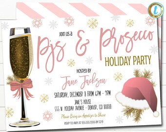 Pyjama & Prosecco Kerstfeestuitnodiging, Bachelorette Vakantie Brunch Roze Pastel Uitnodigen, Cocktail Party Sjabloon Zelfbewerken Download
