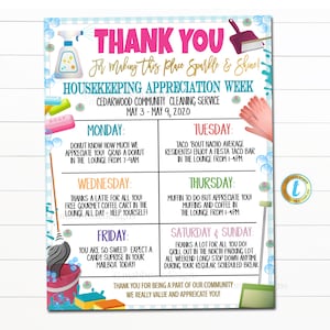 May include: A colorful printable sign thanking housekeeping staff for making the place sparkle and shine. The sign includes a weekly schedule of treats and activities for the staff, such as donuts, coffee, tacos, and muffins. The sign also includes the text "Cedarwood Community Cleaning Service" and "May 3 - May 9, 2020".