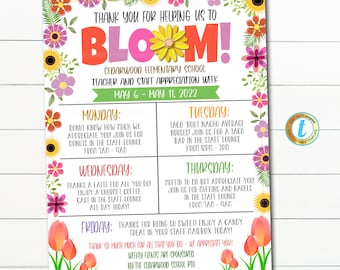 EDITABLE Teacher Appreciation Week Itinerary, Appreciation Bloom Grow Floral Flowers Spring Garden Theme, Schedule Events Printable EDITABLE