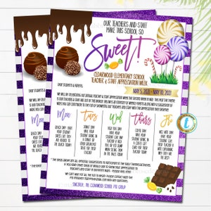 Reiseplan für die Lehrer-Wertschätzungswoche, Candy-Sweet-Thema, You're the Sweetest School pto pta Staff Schedule Events Druckbare EDITIERBARE VORLAGE