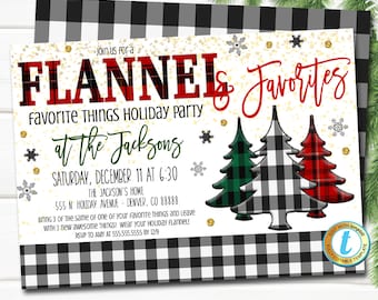 May include: A black and white buffalo plaid invitation with gold glitter and snowflakes. The invitation is for a "Flannel & Favorites" holiday party at the Jacksons on December 11th at 6:30 PM. The address is 555 N. Holiday Avenue, Denver, CO 88888. The invitation asks guests to bring 3 of the same or one of their favorite things and leave with 3 new awesome things. Guests are asked to wear their holiday flannel.