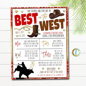 Western Themed Teacher Appreciation Week Itinerary Poster, Wild West Appreciation Week Schedule Events, INSTANT DOWNLOAD EDITABLE Template