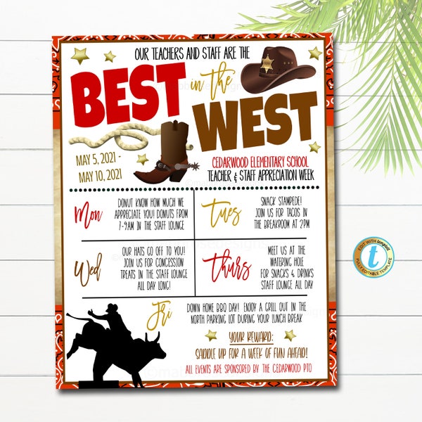 Western Themed Teacher Appreciation Week Itinerary Poster, Wild West Appreciation Week Schedule Events, INSTANT DOWNLOAD EDITABLE Template