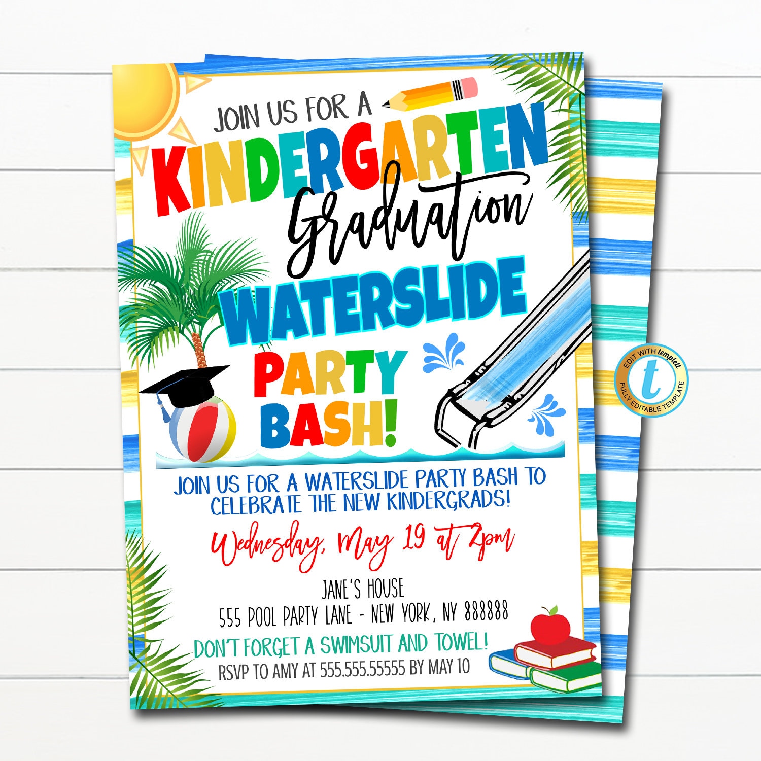 Editable Waterslide Party Graduation Invitation Preschool Pre Etsy Uk