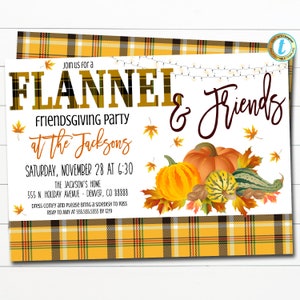 May include: Invitation to a Friendsgiving party called "Flannel & Friends" at the Jacksons' home on Saturday, November 28th at 6:30 PM. The invitation features a plaid background with a fall theme, including pumpkins, gourds, and leaves.