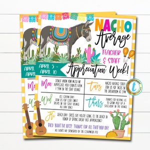 Folleto EDITABLE del itinerario de la semana de agradecimiento al maestro promedio de Nacho, archivo digital imprimible, cartel de eventos del programa de la semana de la fiesta de agradecimiento