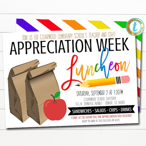 Teacher Staff Appreciation Luncheon Invitation, Breakfast Social Printable  PTA PTO Flyer Invite School Fundraiser, Thank you Lunch Template
