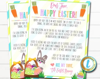 Carta de la plantilla del conejito de Pascua, búsqueda de cesta de cartas sorpresa de la mañana de Pascua para niños imprimibles, plantilla editable de descarga instantánea de bricolaje