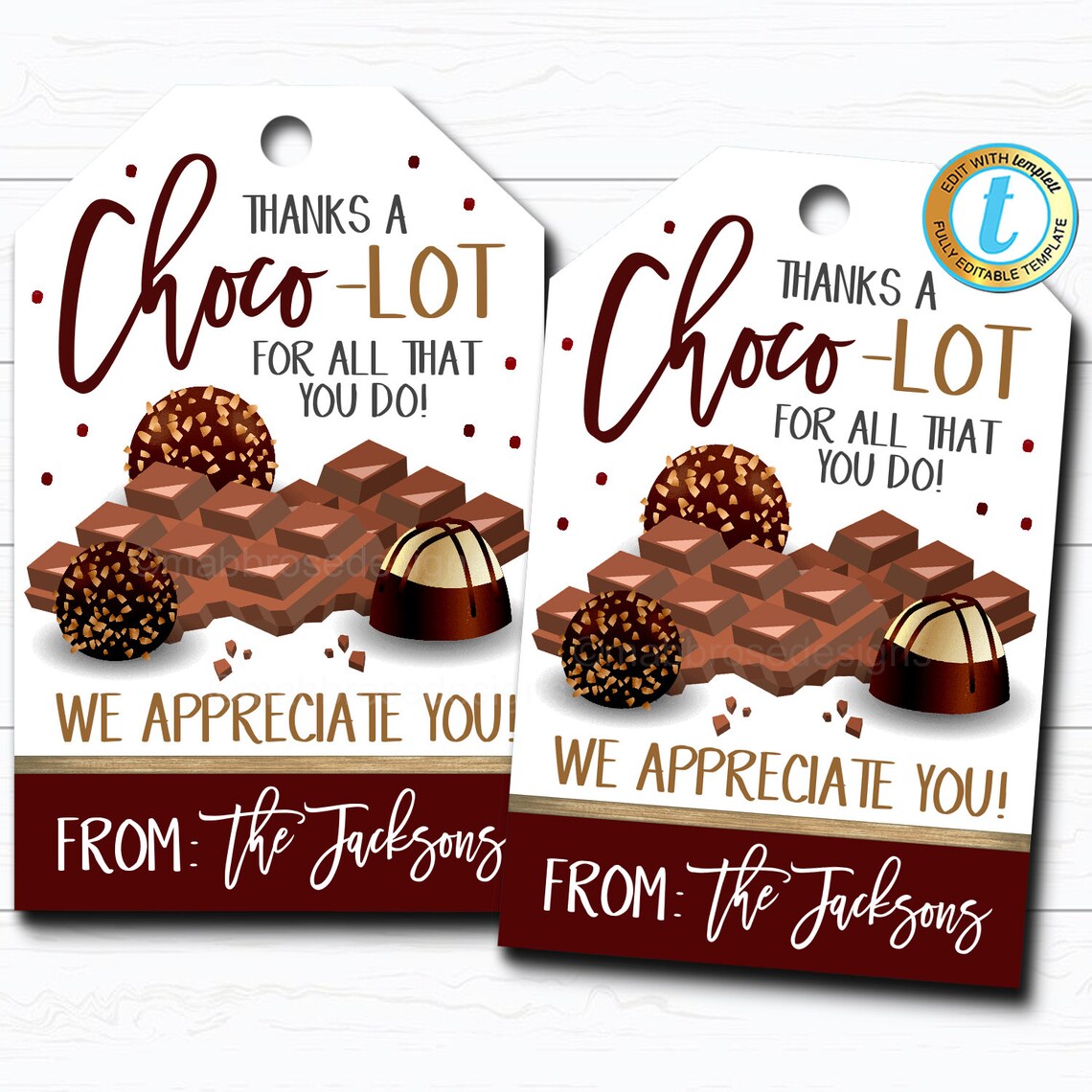 Chocolate Candy Gift Tags, Thanks a Choco-lot, Staff Employee Teacher ...