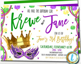 May include: A white invitation card with a Mardi Gras theme. Features the text "Krewe of Jane", a gold crown, and a purple mask. Details include the date, time, and location for Jane's 3rd birthday celebration.