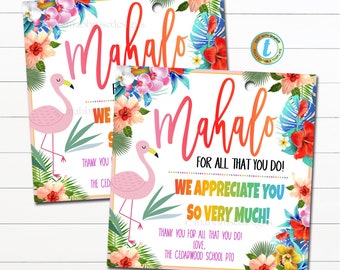 Etiquetas para presentes da Semana de Apreciação do Professor Luau, Havaí Tropical Você é Sun-sational Flamingo Beach Tema Luau para impressão, MODELO EDITÁVEL DIY