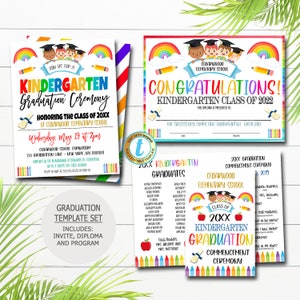 May include: A printable graduation template set for kindergarten featuring a rainbow, pencils, and a graduation cap. The set includes an invitation, diploma, and program. The text on the invitation reads "Join us for a Kindergarten Graduation Ceremony". The text on the diploma reads "Congratulations! Kindergarten Class of 2022". The text on the program reads "20XX Graduation Commencement Ceremony".