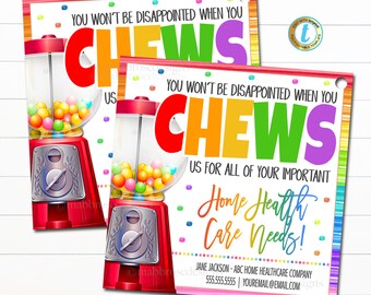 Puede incluir: Una tarjeta de visita colorida con un gráfico de máquina de chicles y el texto "No te decepcionará cuando CHEWS nosotros para todas tus necesidades importantes de atención médica en el hogar!" La tarjeta también incluye el nombre "Jane Jackson" y la información de contacto de ABC Home Healthcare Company.