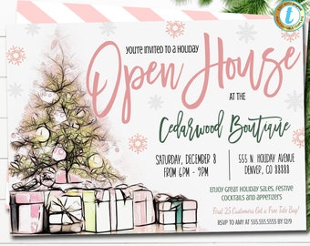 May include: A watercolor illustration of a Christmas tree with presents underneath. The text reads "You're invited to a holiday Open House at the Cedarwood Boutique, Saturday, December 8 from 6pm - 9pm, 555 N. Holiday Avenue, Denver, CO 88888. Enjoy great holiday sales, festive cocktails and appetizers. First 25 customers get a free tote bag! RSVP to Amy at 555.555.5555 by 12/9."