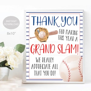 Baseball Teacher Appreciation Week Printable Sign Volunteer Employee Staff Nurse, Grand Slam Year Thank You Party Decor, INSTANT DOWNLOAD