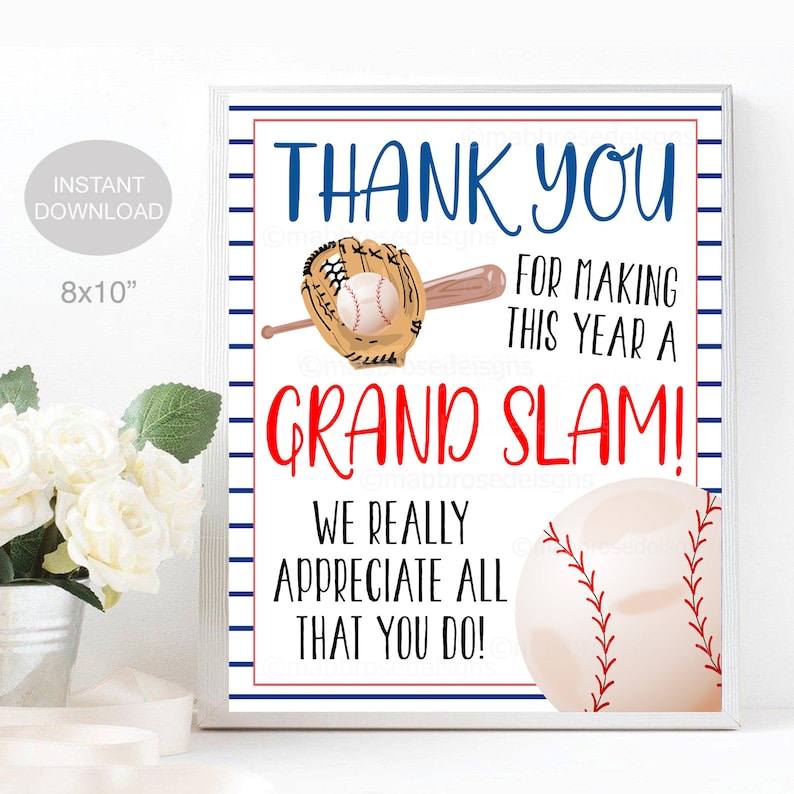 Baseball Teacher Appreciation Week Printable Sign Volunteer Employee Staff Nurse, Grand Slam Year Thank You Party Decor, INSTANT DOWNLOAD image 1
