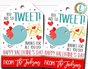 Valentines Gift Tags, You're So Tweet, Bird Appreciation Teacher Valentine, Candy Chocolate Cookie Treat Gift Label, DIY Editable Template