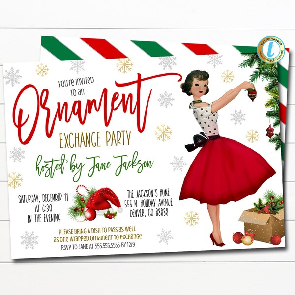 Invito alla festa di scambio di ornamenti natalizi, invito vintage retrò di Natale, festa notturna per donne, modello modificabile moderno di metà secolo