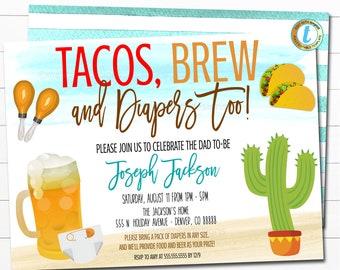 May include: A blue and white watercolor background with the text "TACOS, BREW and Diapers too!" in red, orange, and brown. The invitation is for a baby shower for Joseph Jackson. It includes a cactus, a beer mug, and a taco.