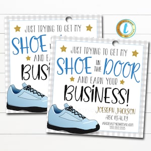 Marketing Gift Tag, Haal mijn schoen in de deur, Marketing Pop By Tags, Voet in de deur, Sokschoen sleutelhouder, Afdrukbaar, DIY bewerkbare sjabloon