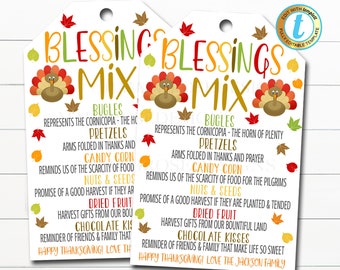 May include: Two printable Thanksgiving gift tags with a turkey illustration and the text "Blessings Mix". The tags list various Thanksgiving food items and their symbolic meanings, such as "Bugles represent the cornucopia - the horn of plenty" and "Pretzels - arms folded in thanks and prayer". The tags also include the text "Happy Thanksgiving! Love the Jackson Family."