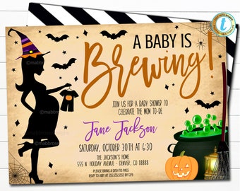 May include: A Halloween-themed baby shower invitation with a silhouette of a pregnant woman dressed as a witch. The invitation reads "A Baby is Brewing!" and includes details about the event, such as the date, time, and location.
