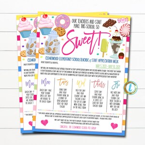 Itinerario de la semana de agradecimiento a los maestros con tema Candy Sweet, Eres el más dulce, boletín informativo con el cronograma para llevar a casa de la familia de estudiantes, PLANTILLA EDITABLE
