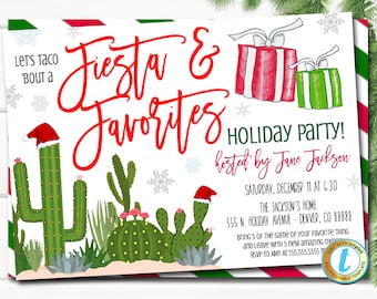 May include: A white invitation with red and green stripes on the border. The text "Fiesta & Favorites Holiday Party!" is in red. The invitation is for a party hosted by Jane Jackson on Saturday, December 11 at 6:30 at The Jackson's Home, 555 N. Holiday Avenue, Denver, CO 88888. The invitation includes a cactus illustration with a Santa hat.