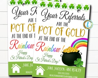 Op de afbeelding: Groene klaverbladrand met een gouden pot vol goud aan het einde van een regenboog. De tekst luidt "Uw aanbevelingen zijn de pot goud aan het einde van de regenboog! Gelukkig St. Patrick's Day!" met een huissymbool en contactgegevens van Jane Jackson, ABC Realty.