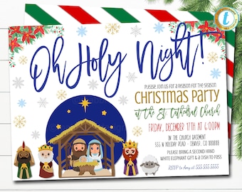 Puede incluir: Una invitación a una fiesta de Navidad con un diseño azul y dorado. La invitación presenta una escena de la natividad con las palabras "Oh Holy Night!" y "Christmas Party at the St. Cathedral Church".