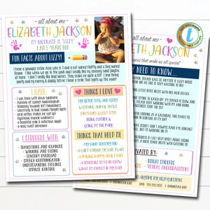 Back to School All About Me Child Info Template Teacher/Therapist/Substitute Special Needs, Autism, Speech Disorder, ADHD, EDITABLE TEMPLATE