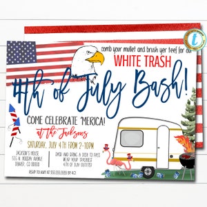 May include: A festive invitation for a 4th of July party, featuring an American flag, an eagle, and a vintage camper. The text reads "4th of July Bash!" and includes party details. The invitation has a red and white striped border.
