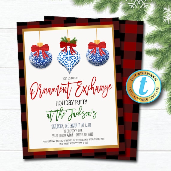 Ornament Exchange Party Invitation, Christmas Preppy Ginger Jar, Southern Chinoiserie Chic Invite, Holiday Party, Editable Template Download