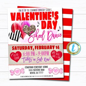 May include: A Valentine's Day school dance invitation with a red, white, and black striped background. The invitation features a pink and red watercolor background with three hearts, one with a leopard print, one with black and white stripes, and one with a red and white zebra print. The text reads "Valentine's Day School Dance" and "Saturday, February 14, 6:00 PM - 9:00 PM. Tickets on Sale Now!"