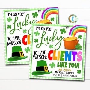 St. Patrick&#39;s Day Gift Tags, Lucky to Have Clients Like You Shamrock Rainbow Appreciation, Customer Business Thank You, Editable Template